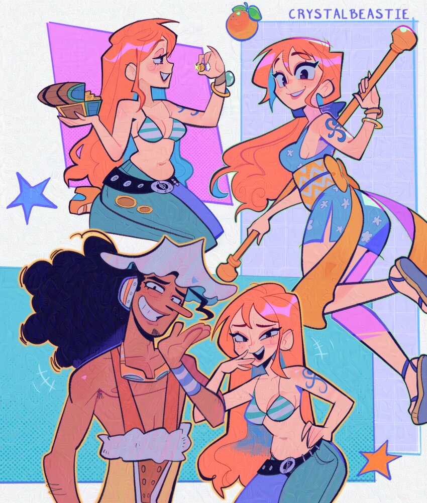 1boy 1girl artist_name bangle beard bikini bikini_top_only black_hair blue_kimono bracelet breasts cleavage clima-tact crystalbeastie dark-skinned_male dark_skin facial_hair food freckles fruit grin hat highres japanese_clothes jewelry kimono laughing log_pose long_hair long_nose looking_at_viewer mandarin_orange nami_(one_piece) nami_(one_piece)_(return_to_sabaody) nami_(one_piece)_(wano) navel obi one_piece orange_hair sash short_kimono shoulder_tattoo skirt sleeveless sleeveless_kimono smile source_request staff swimsuit tattoo toned toned_male usopp yellow_sash
