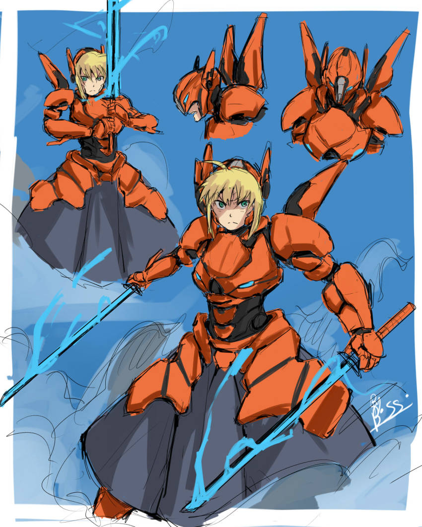 1girl armor arthur_pendragon_(fate) artoria_pendragon_(fate) blonde_hair byboss crossover dual_wielding energy energy_blade energy_sword energy_weapon fate/stay_night fate_(series) glowing glowing_sword glowing_weapon green_eyes highres holding ionic_twinblade jaeger_(pacific_rim) legendary_pictures mecha mecha_musume name_connection pacific_rim pacific_rim_uprising pan_pacific_defense_corps power_armor robot saber_(fate) saber_athena short_hair sword weapon