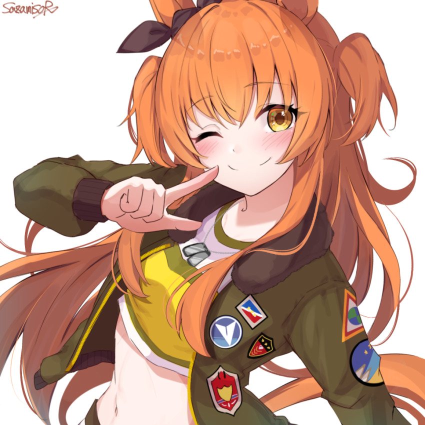1girl ;) animal_ears artist_name black_ribbon bow brown_jacket closed_mouth commentary crop_top cropped_shirt dog_tags ear_ribbon emblem horse_ears horse_girl horse_tail jacket long_hair long_sleeves looking_at_viewer mayano_top_gun_(umamusume) midriff navel one_eye_closed orange_eyes orange_hair patch pointing pointing_at_self ribbon sazamiso_rx shirt signature simple_background smile solo tail two_side_up umamusume upper_body white_background yellow_shirt