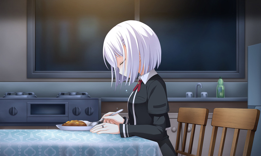 1girl arms_on_table artist_request black_dress black_jacket bob_cut closed_eyes collared_dress covered_mouth cowboy_shot crying curry curry_rice daito_academy_school_uniform dress eating food from_side game_cg holding holding_spoon indoors izumi_kanagi jacket jewelry kitchen layered_sleeves long_sleeves magia_record:_mahou_shoujo_madoka_magica_gaiden mahou_shoujo_madoka_magica necktie night official_art on_chair open_clothes open_jacket plate pocket red_necktie refrigerator rice ring sad school_uniform short_hair short_over_long_sleeves short_sleeves sink sitting slice_of_life solo spoon stove tears white_hair window