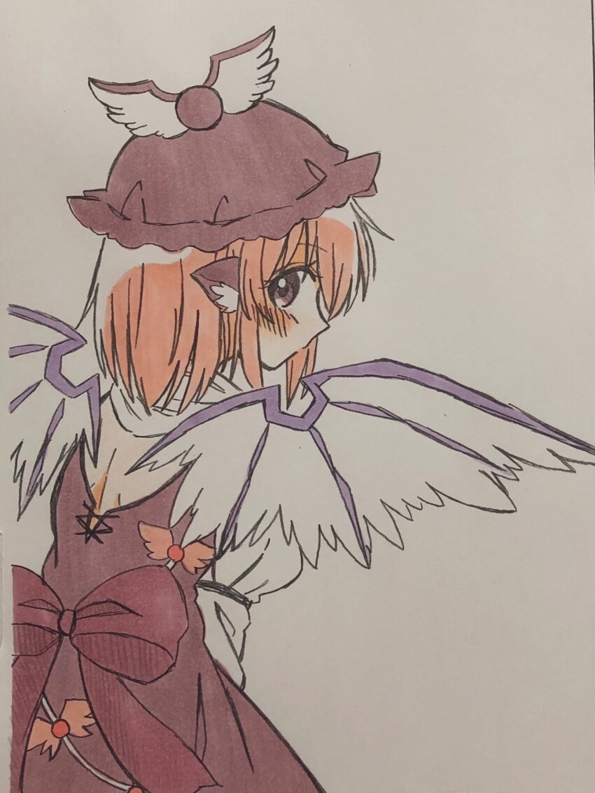 1girl animal_ears back_bow back_cutout bird_ears blush bow brown_dress brown_eyes clothing_cutout commentary dress highres long_sleeves looking_at_viewer looking_back medium_hair mystia_lorelei pink_hair solo touhou traditional_media white_wings winged_hat wings zeppachi