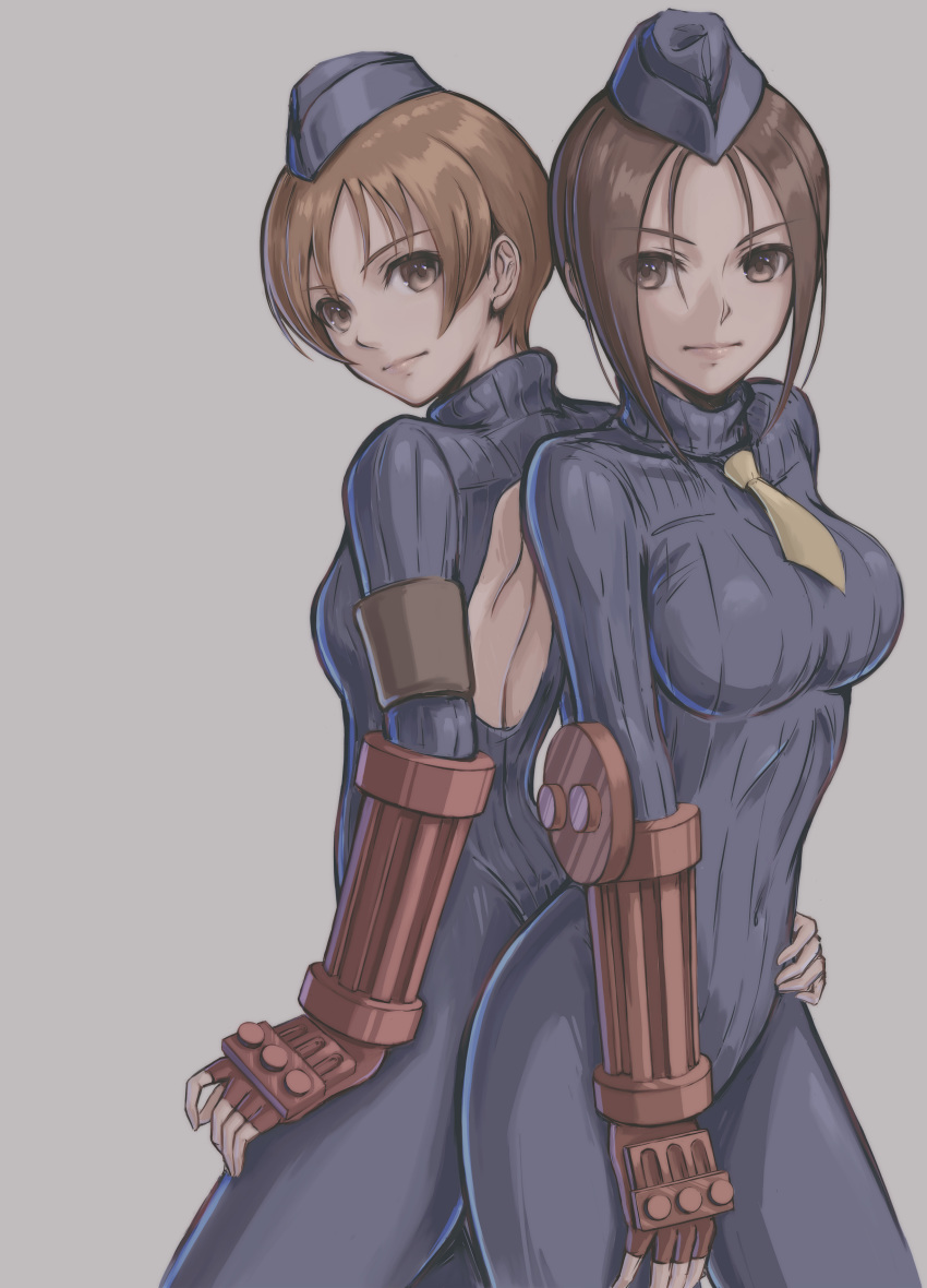 2girls absurdres armband back_cutout bodysuit breasts brown_eyes brown_hair capcom closed_mouth clothing_cutout commentary covered_navel fingerless_gloves garrison_cap gloves grey_background hand_on_own_hip hat highres juli_(street_fighter) juni_(street_fighter) light_brown_hair lips long_sleeves looking_at_viewer medium_breasts multiple_girls necktie red_gloves ribbed_bodysuit shadaloo_dolls short_hair simple_background skin_tight street_fighter street_fighter_zero_(series) tyanoki