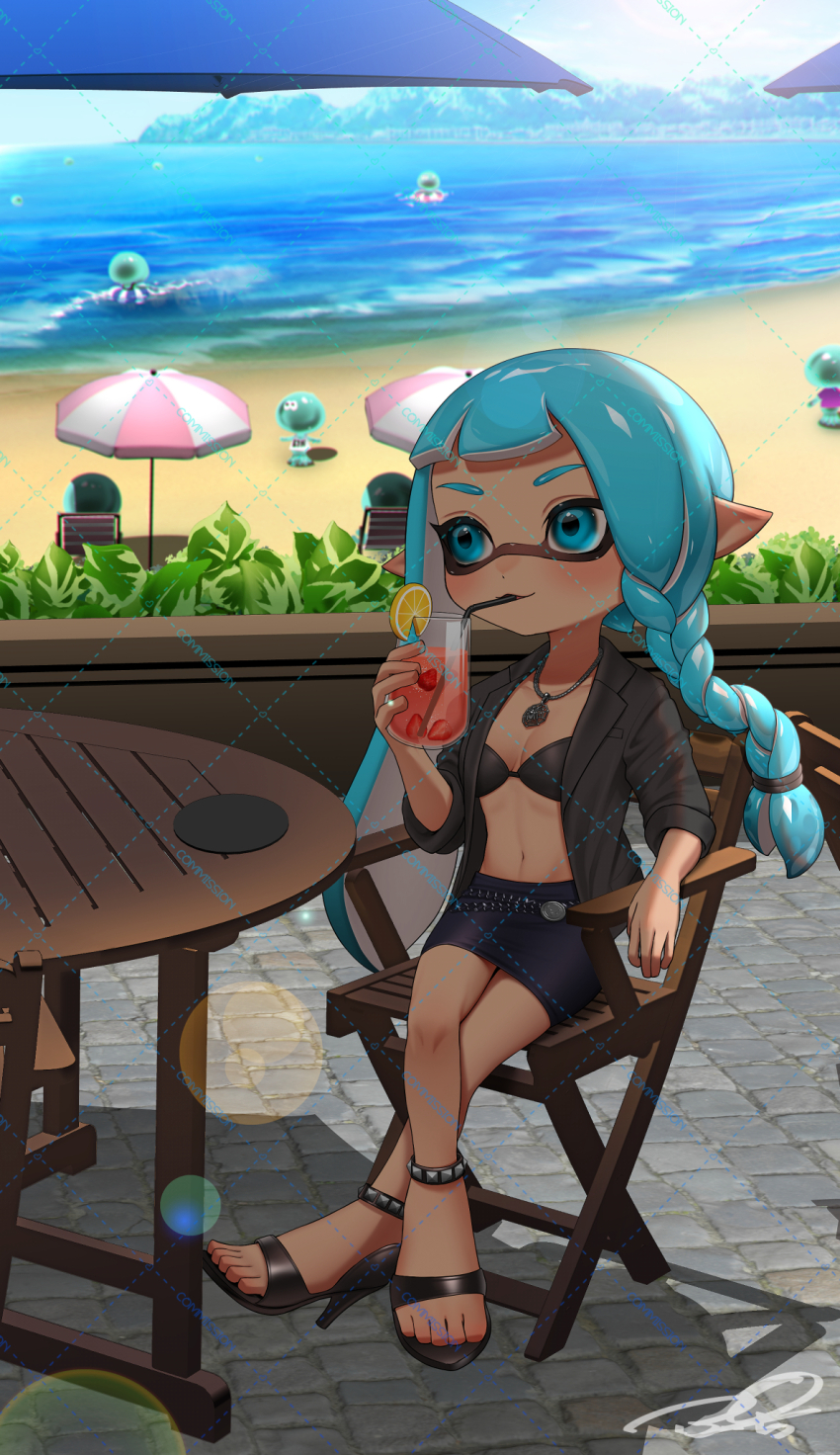 1girl beach bikini bikini_top_only bikini_under_clothes black_bikini blue_eyes blue_hair blue_skirt braid breasts cleavage commentary commission crossed_legs cup drink drinking drinking_straw drinking_straw_in_mouth english_commentary feet food fruit full_body glass grey_footwear grey_jacket highres holding holding_cup inkling inkling_girl inkling_player_character jacket jellyfish_(splatoon) jewelry lemon lemon_slice long_hair navel necklace nintendo open_clothes open_jacket outdoors parasol pencil_skirt pointy_ears puchiman signature single_braid sitting skirt solo splatoon_(series) stomach swimsuit tentacle_hair toes umbrella watermark