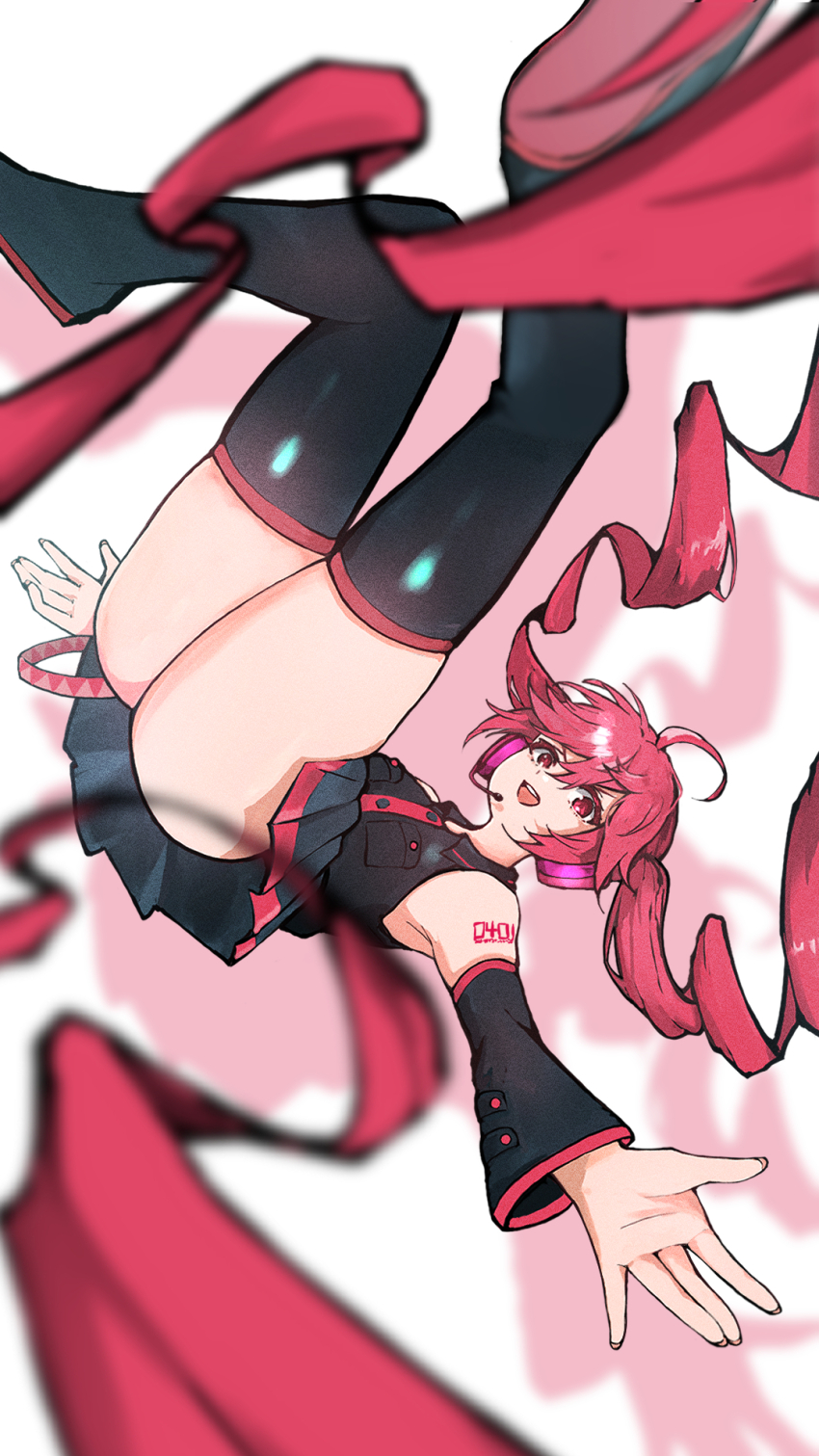 1girl absurdly_long_hair ahoge alternate_hairstyle black_boots black_skirt black_sleeves black_thighhighs boots breast_pocket buttons collared_shirt detached_sleeves drill_hair hair_between_eyes headphones headset highres kasane_teto kasane_teto_(utau) legs_up long_hair michihirogswr microphone miniskirt number_tattoo open_mouth outstretched_arms pleated_skirt pocket red_eyes red_hair red_tattoo ringlets shirt shoulder_tattoo simple_background skindentation skirt skirt_set sleeveless sleeveless_shirt solo tattoo thigh_boots thighhighs twintails utau very_long_hair white_background wing_collar