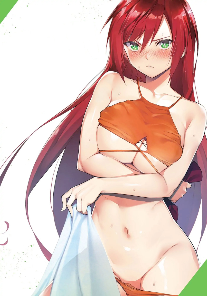 &gt;:( 1girl arms_under_breasts bikini bikini_bottom_pull blush breasts breasts_squeezed_together cleaned cleavage colored_inner_hair comic_cover contrapposto criss-cross_strings destiny_lovers green_eyes groin highres holding holding_towel long_hair medium_breasts multicolored_hair nakabuchi_ena navel nose_blush official_art paint_splatter purple_hair red_hair shy simple_background solo stomach string_bikini swimsuit third-party_edit third-party_source tomohiro_kai towel underboob v-shaped_eyebrows very_long_hair water_drop white_background
