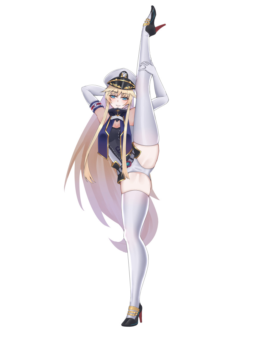 1girl absurdres arm_behind_head arm_up belt black_footwear blonde_hair blue_eyes breasts cameltoe ccga17 elbow_gloves enterprise_(warship_girls_r) flexible gloves hand_on_own_leg hat high_heels highres large_breasts leg_hold leg_lift leg_up long_hair looking_at_viewer medium_breasts panties peaked_cap solo split standing standing_on_one_leg standing_split thighhighs underwear very_long_hair warship_girls_r white_belt white_gloves white_panties white_thighhighs