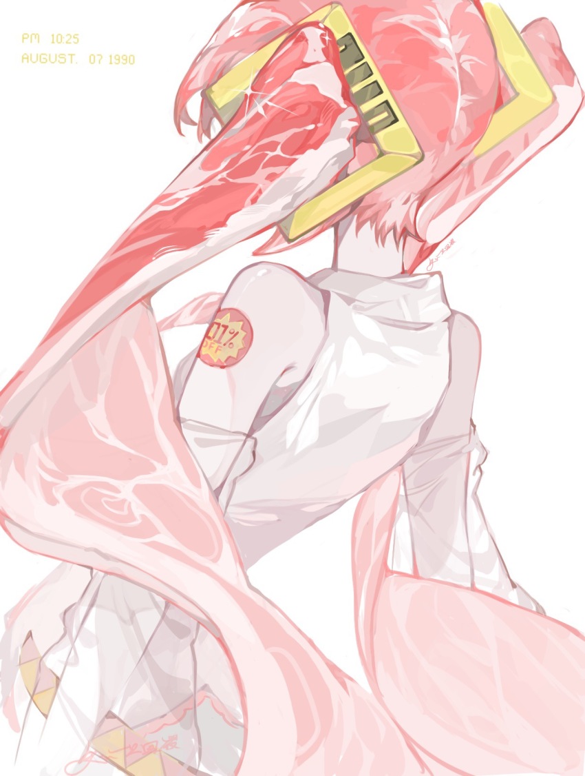 1girl belt borrowed_design breasts chinese_commentary commentary detached_sleeves food food-themed_hair from_behind hair_ornament hatsune_miku highres label long_hair meat meat_hair niku_miku_(nankai) raw_meat red_hair see-through_clothes see-through_sleeves shirt signature sleeveless sleeveless_shirt solo sticker sticker_on_shoulder tuzajiang twintails very_long_hair vocaloid