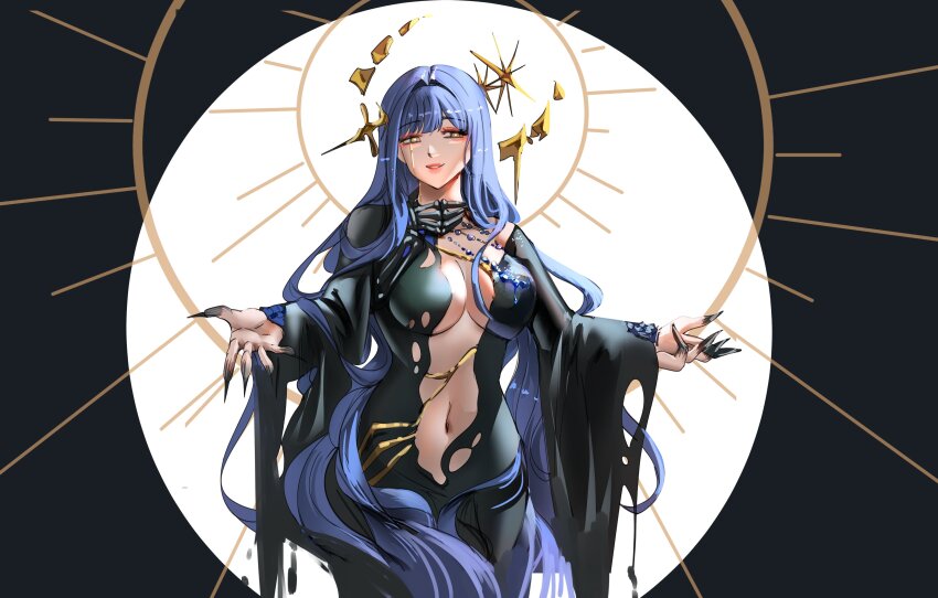 1girl absurdres arcana_(reverse:1999) black_background black_dress blue_hair breasts circle colored_tears cowboy_shot dress grin hands_up highres large_breasts long_dress long_hair looking_at_viewer navel no_bra notgustiarp official_alternate_costume plunging_neckline reverse:1999 single_tear smile solo very_long_hair wand_in_head wide_sleeves yellow_eyes