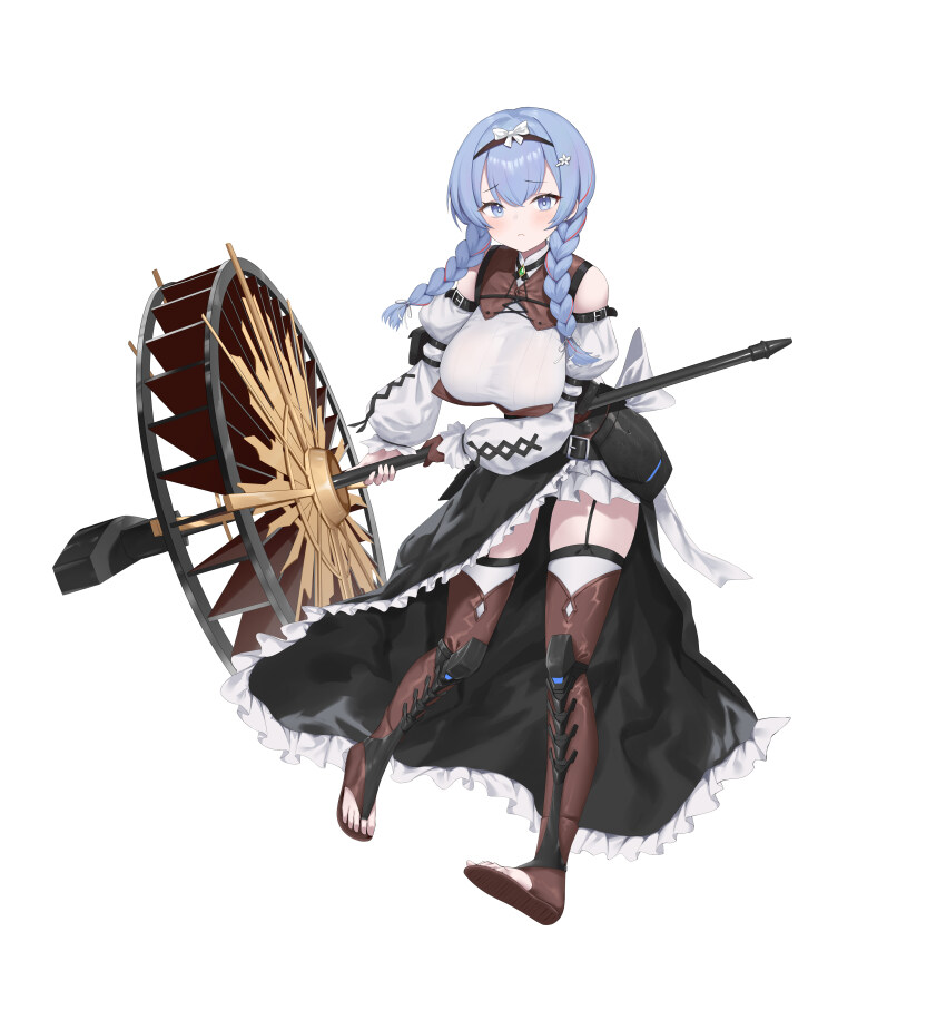 1girl absurdres bare_shoulders black_skirt blue_eyes blue_hair braid breasts brown_footwear brown_thighhighs character_request closed_mouth commentary_request full_body haze/reverb highres holding holding_weapon large_breasts long_hair long_sleeves looking_at_viewer low_twin_braids puffy_long_sleeves puffy_sleeves roi_(liu_tian) side_slit simple_background skirt solo stirrup_legwear thighhighs toeless_legwear twin_braids weapon white_background