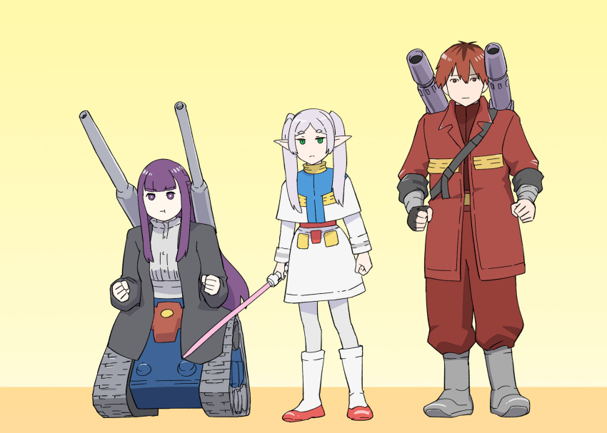 1boy 2girls black_jacket cosplay determined expressionless fern_(sousou_no_frieren) frieren green_eyes grey_shirt guncannon guncannon_(cosplay) gundam guntank guntank_(cosplay) highres jacket mobile_suit_gundam multiple_girls pants pointy_ears purple_eyes purple_hair red_hair red_jacket red_pants rx-78-2_gundam rx-78-2_gundam_(cosplay) shirt skirt sousou_no_frieren stark_(sousou_no_frieren) ueyama_michirou white_hair white_jacket white_skirt