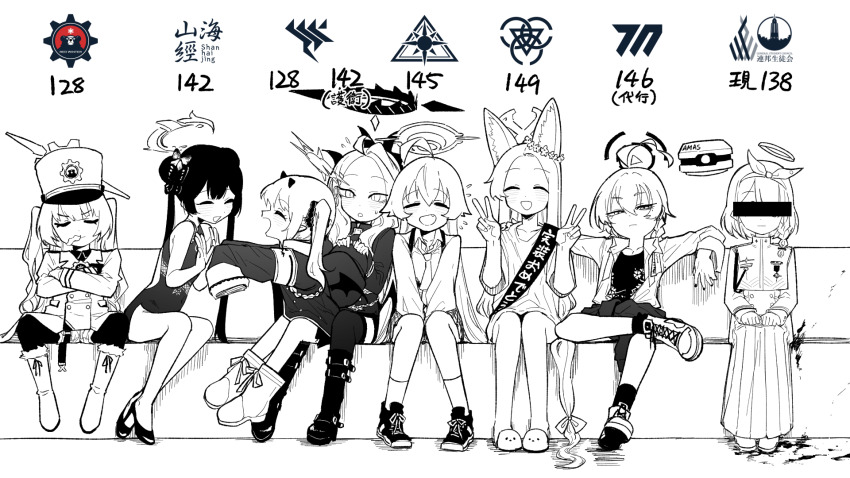 6+girls animal_ears arona_(blue_archive) asahina_yoshitoshi blood blue_archive boots censored censored_identity cherino_(blue_archive) china_dress chinese_clothes closed_eyes closed_mouth collared_shirt crossed_arms crossed_legs double_bun double_v dress fang fox_ears greyscale hair_between_eyes hair_bun halo hands_up hat height highres hina_(blue_archive) horns hoshino_(blue_archive) ibuki_(blue_archive) jacket kisaki_(blue_archive) long_hair looking_at_viewer monochrome multiple_girls multiple_horns necktie neru_(blue_archive) open_clothes open_mouth open_shirt seia_(blue_archive) shirt sitting sitting_on_lap sitting_on_person sleeveless sleeveless_dress sleeves_past_wrists slippers smile socks thighhighs twintails v