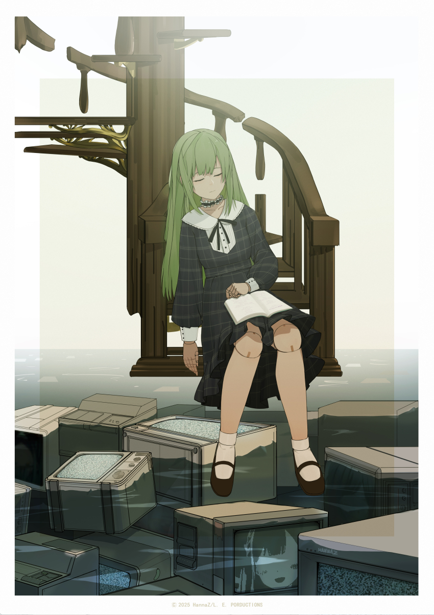 1girl absurdres bang_dream! bang_dream!_it&#039;s_mygo!!!!! black_boots black_necktie boots choker closed_eyes closed_mouth doll_joints dress green_hair hannaz highres joints long_hair necktie puppet ribbon_choker sitting sitting_on_stairs socks solo spiral_staircase stairs static striped_clothes striped_dress television wakaba_mutsumi water white_socks