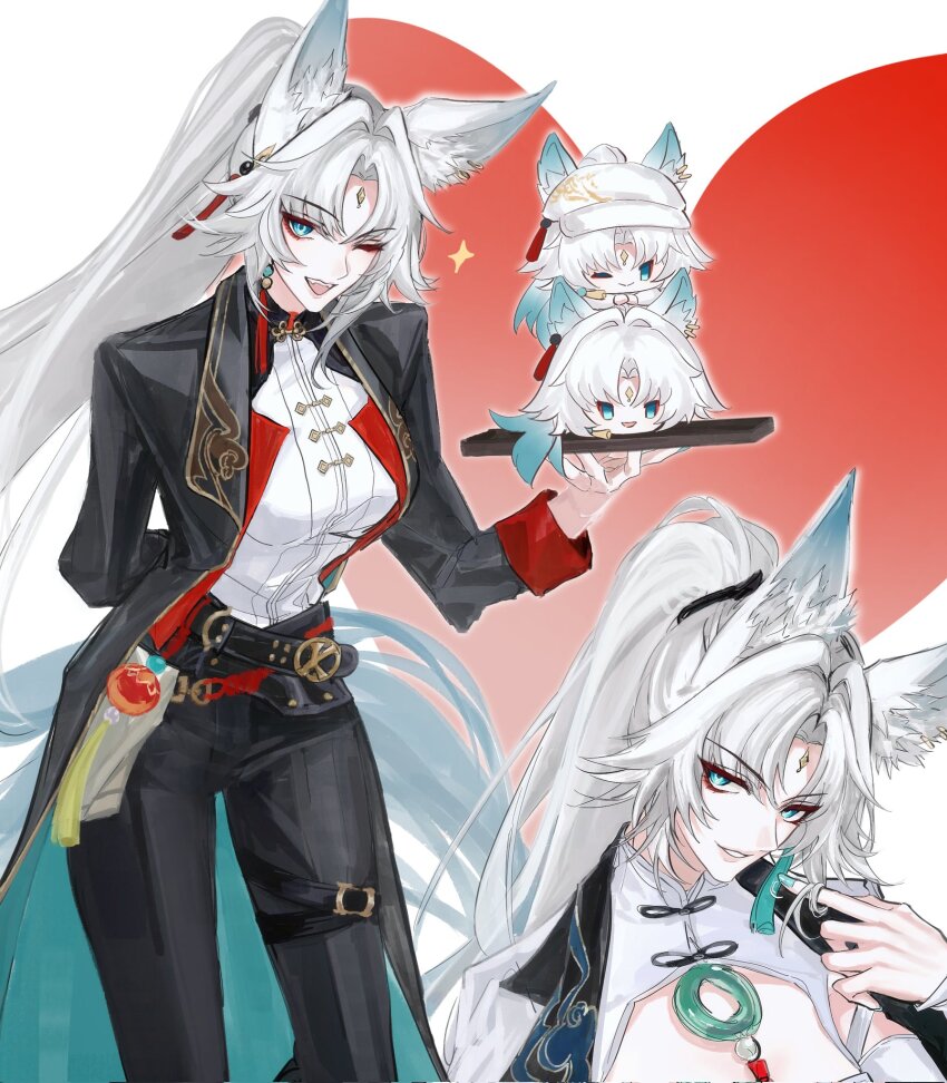 1girl alternate_costume animal_ear_fluff animal_ears black_coat black_pants coat commentary feixiao_(honkai:_star_rail) forehead_jewel fox_ears fox_girl green_eyes green_hair grey_hair high_ponytail highres honkai:_star_rail honkai_(series) long_hair long_sleeves multicolored_hair multiple_views one_eye_closed open_mouth pants ponytail shirt symbol-only_commentary two-tone_hair very_long_hair white_shirt yziyiling