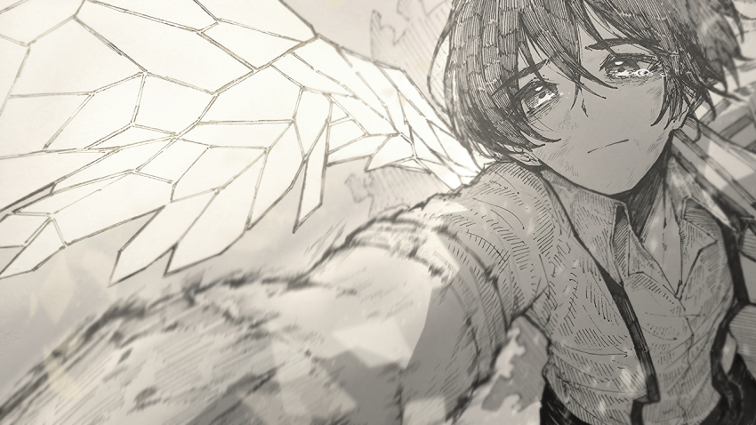 1boy commentary epeulu_(ate5424) foreshortening greyscale hair_between_eyes limbus_company male_focus marker_(medium) mixed_media monochrome project_moon solo suspenders tearing_up traditional_media upper_body wings yi_sang_(project_moon)