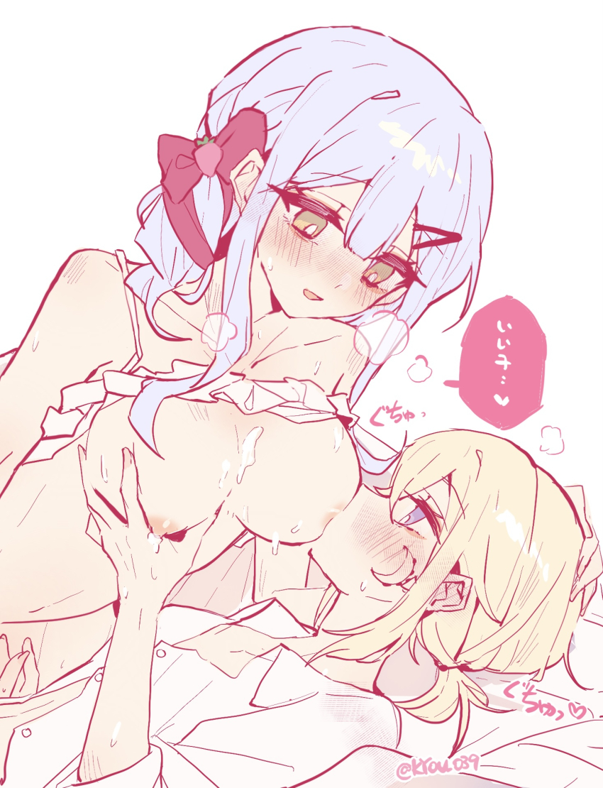 2girls bang_dream! bang_dream!_it&#039;s_mygo!!!!! blonde_hair blue_hair blush bow breast_sucking breasts camisole camisole_lift clothes_lift commentary_request cream hair_bow highres kyou_039 large_breasts long_hair misumi_uika multiple_girls nipples purple_eyes red_bow sidelocks small_breasts sweets_paradise togawa_sakiko translation_request white_camisole yuri