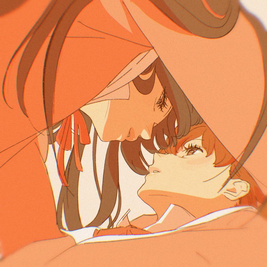 2girls 55bata6rou black_hair eye_contact face-to-face from_below highres imminent_kiss koito_yuu long_hair long_sleeves looking_at_another multiple_girls nanami_touko neck_ribbon orange_hair parted_lips red_ribbon ribbon school_uniform short_hair tohmi_higashi_high_school_uniform upper_body yagate_kimi_ni_naru yuri