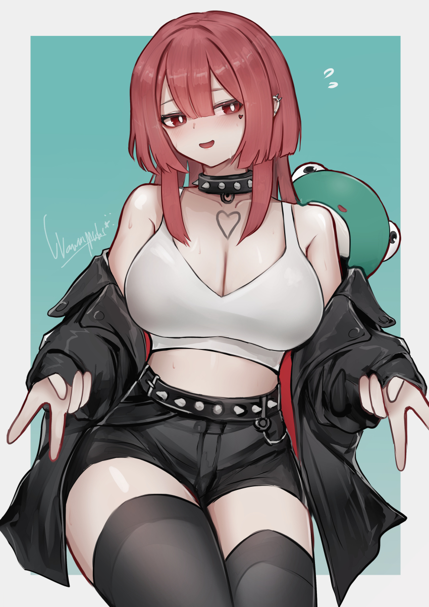 1girl absurdres bare_shoulders belt black_belt black_choker black_jacket black_shorts black_thighhighs breasts bright_pupils choker cleavage commentary cowboy_shot crop_top double_v ear_piercing green_background hair_between_eyes heart highres jacket large_breasts light_blush long_hair looking_at_viewer open_clothes open_jacket open_mouth original piercing red_eyes red_hair short_shorts shorts signature simple_background solo spiked_belt spiked_choker spikes sweatdrop thighhighs thighs unworn_jacket v wawamachi white_background white_pupils
