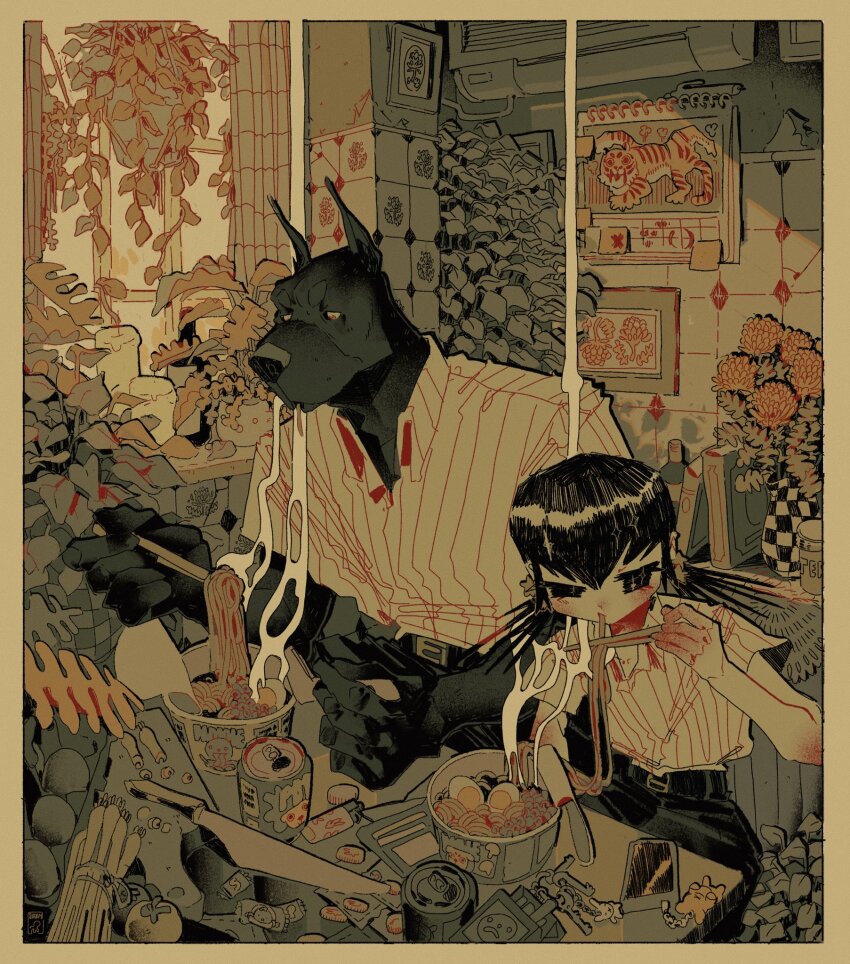 1boy 1girl air_conditioner animal_ears animal_nose artist_logo belt big_squid_man black_eyes black_skin blending book border bottle bottle_cap cable calendar_(object) can candle cellphone charm_(object) chinese_zodiac chopsticks cigarette_pack colored_skin cutting_board dobermann drink_can eating egg film_grain flower_pot food furry furry_male half-closed_eyes hatching_(texture) height_difference highres holding holding_chopsticks indoors key knife leaf lighter limited_palette linear_hatching logo looking_down noodles open_collar original ornament painting_(object) phone plant potted_plant ramen shirt shirt_tucked_in short_sleeves sitting slouching smartphone smoke snout soda_can sticky_note striped_clothes striped_shirt table tile_wall tiles tomato vertical-striped_clothes vertical-striped_shirt x year_of_the_tiger