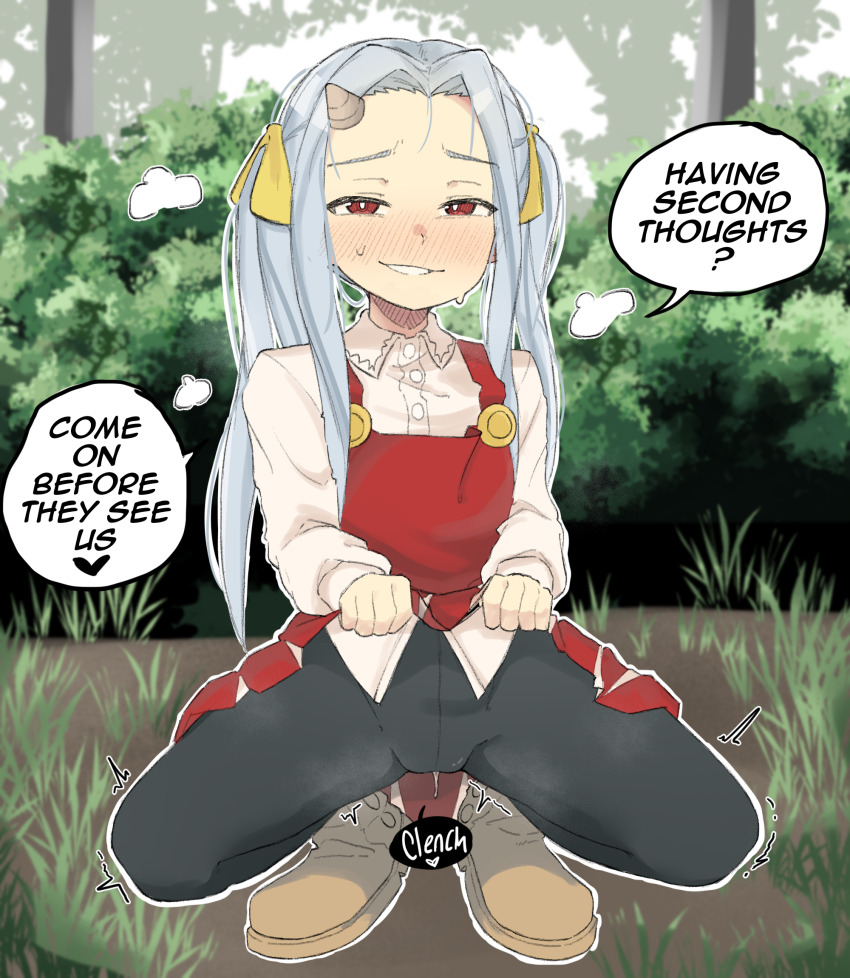 1girl black_pantyhose blue_hair blush boku_no_hero_academia boots breasts bush cameltoe clothes_lift come_hither day dress english_text eri_(boku_no_hero_academia) flashing full_body grass grin hair_ornament hair_ribbon half-closed_eyes heart highres horns in_heat lifting_own_clothes loli long_hair long_sleeves looking_at_viewer naughty_face outdoors outline pantyhose parted_lips pussy_juice pussy_juice_drip red_dress red_eyes ribbon shirt single_horn skirt skirt_lift small_breasts smile solo speech_bubble spoken_heart spread_legs squatting steaming_body sweat teeth text_focus twintails white_outline white_shirt zlix0n