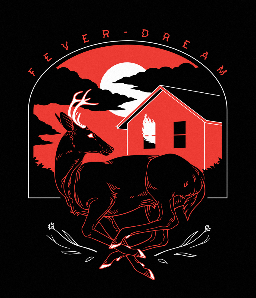 animal animal_focus black_background black_clouds border building burning burning_building dappermouth deer distortion english_text fire fleeing flower grass highres horror_(theme) house inset_border leaf looking_back monochrome no_humans no_pupils original outline profile red_outline red_sky red_theme running silhouette simple_background sky solid_eyes suburb sunset white_border white_eyes white_flower white_outline