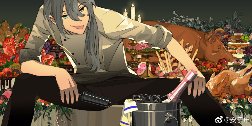 anzishen black_pants blue_eyes bottle bread candle chicken_(food) crazy_b_(ensemble_stars!) ensemble_stars! food fruit grapes grey_hair highres ice ice_cube long_hair pants roast_pork shiina_niki wine_bottle