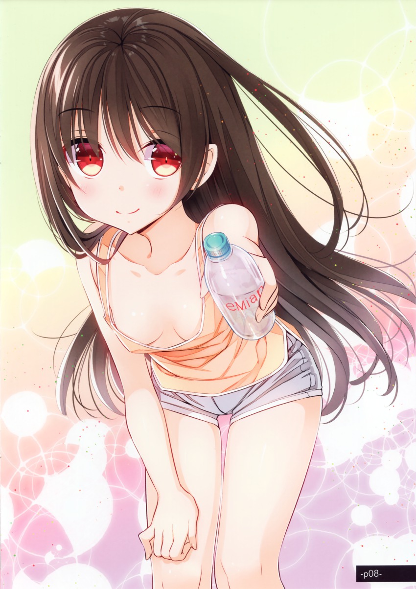 1girl absurdres breasts brown_hair collarbone downblouse female_focus highres long_hair outstretched_arm red_eyes scan short_shorts shorts small_breasts smile solo tank_top very_long_hair yadapot