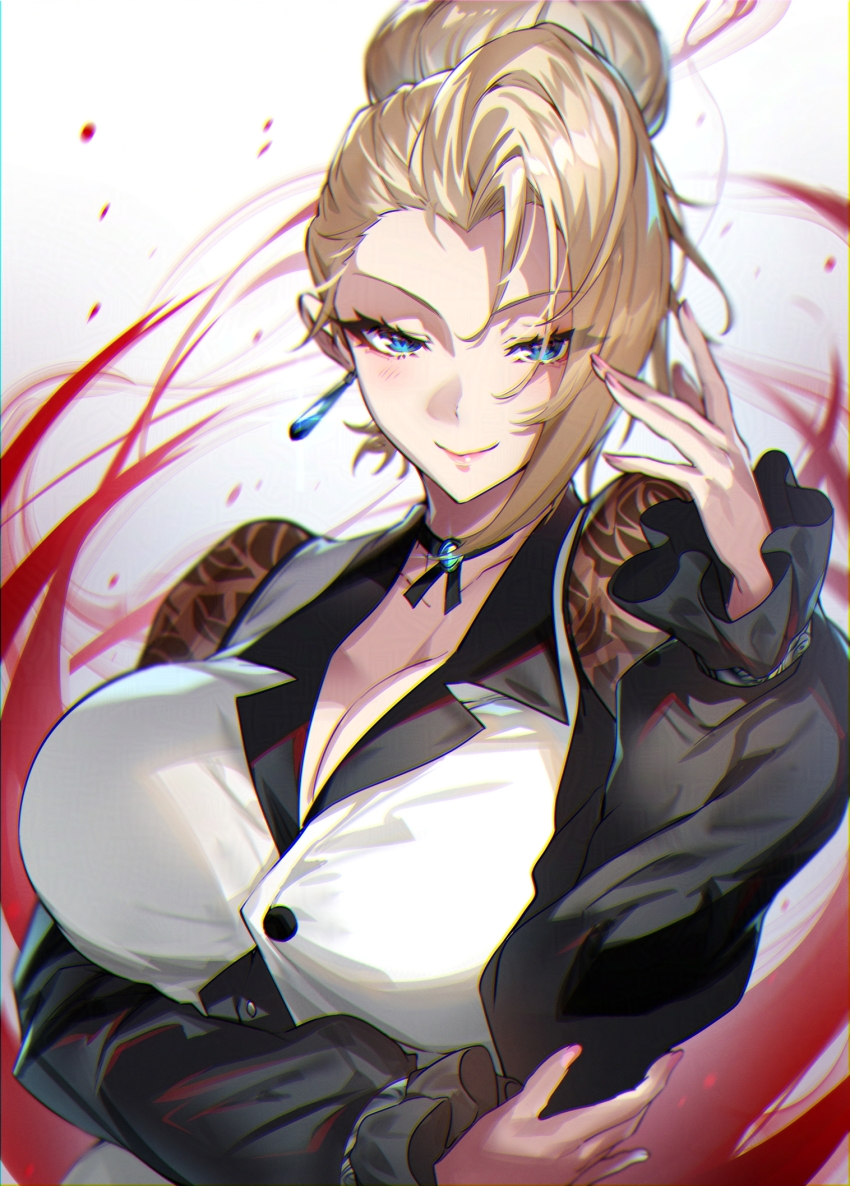 1girl arm_under_breasts blonde_hair blue_eyes breasts cleavage earrings hair_bun highres huge_breasts jewelry light_blush looking_at_viewer mature_(kof) pink_nails senri_gan smile solo the_king_of_fighters upper_body v-shaped_eyebrows white_background
