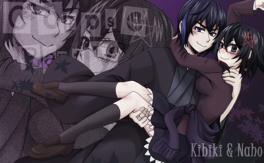 1boy 1girl black_hair blazer carrying corpse_party glasses hair_ornament jacket japanese_clothes kibiki_kou princess_carry saenoki_naho school_uniform short_hair skirt smile star_(symbol) star_hair_ornament zoom_layer