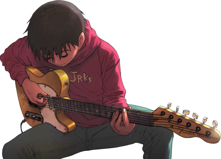 1boy beck black_hair electric_guitar fender_telecaster green_pants guitar hood hoodie instrument music official_art pants playing_guitar playing_instrument red_hoodie sarcasticgota short_hair solo spread_legs tanaka_yukio third-party_edit third-party_extraction transparent transparent_background