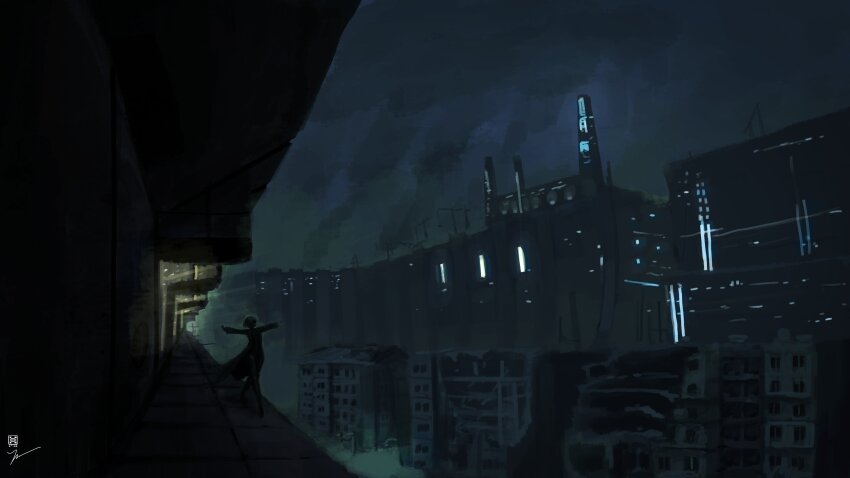 1girl abandoned absurdres architecture black_coat city_lights cityscape coat crane_(machine) cyberpunk dark face_in_shadow hashtag-only_commentary high_up highres industrial looking_to_the_side marie_(peripeteia) night outdoors outstretched_arms overcast painterly peripeteia ruins scenery science_fiction short_hair signature sky smoke solo spatzgraz spire spread_arms trench_coat urban vanishing_point very_wide_shot walking