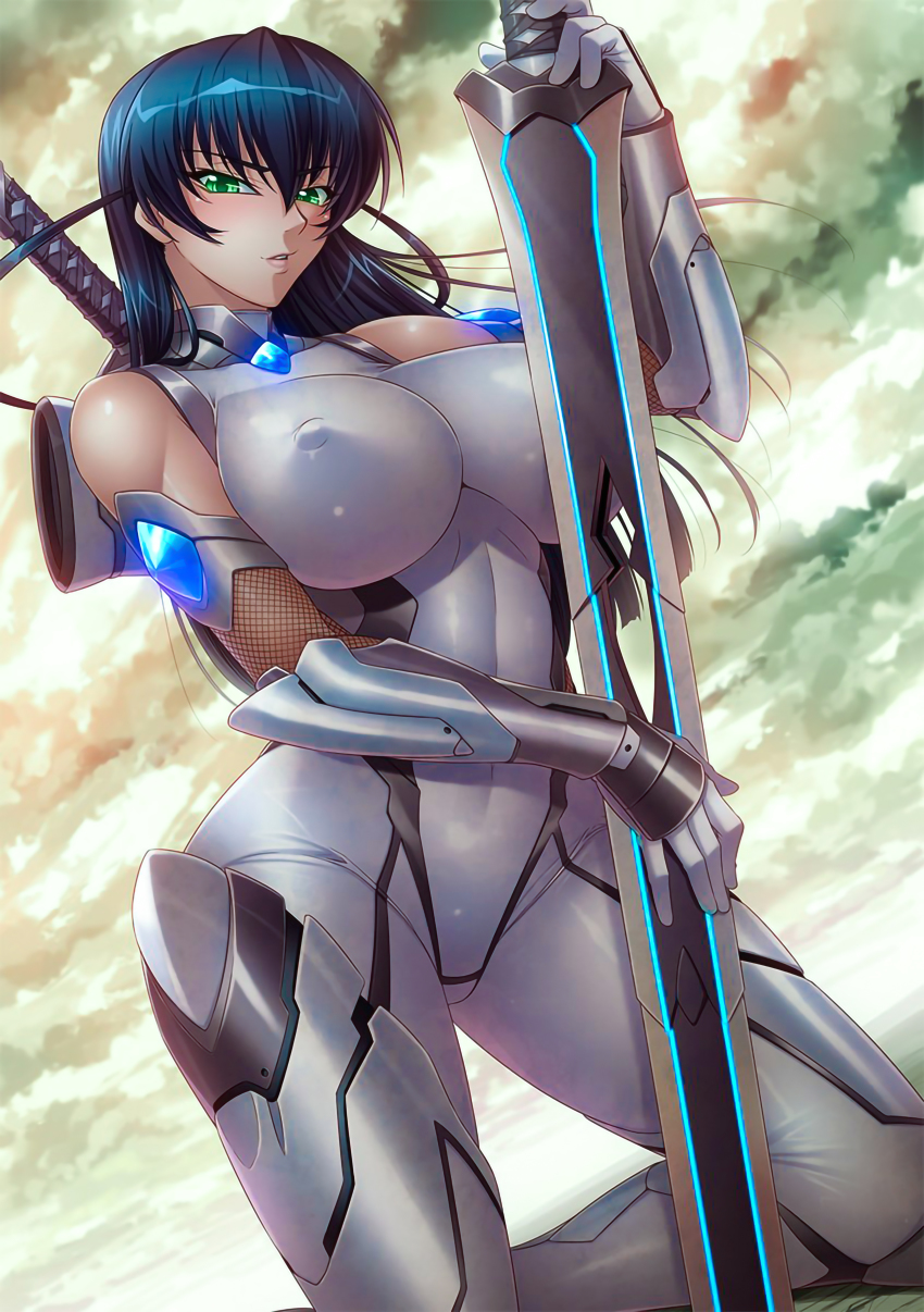 1girl absurdres alternate_costume armor bare_shoulders black_hair bodysuit breasts cloud cloudy_sky covered_erect_nipples curvy dutch_angle elbow_gloves female_focus fishnets gems gloves glowing_jewelry green_eyes hair_between_eyes highres holding holding_sword holding_weapon huge_sword huge_weapon igawa_asagi impossible_clothes kagami_hirotaka kneeling large_breasts lilith-soft long_hair looking_at_viewer ninja parted_lips sheath skin_tight sky solo sword tagme taimanin_(series) taimanin_asagi taimanin_asagi_3 two_side_up weapon wide_hips