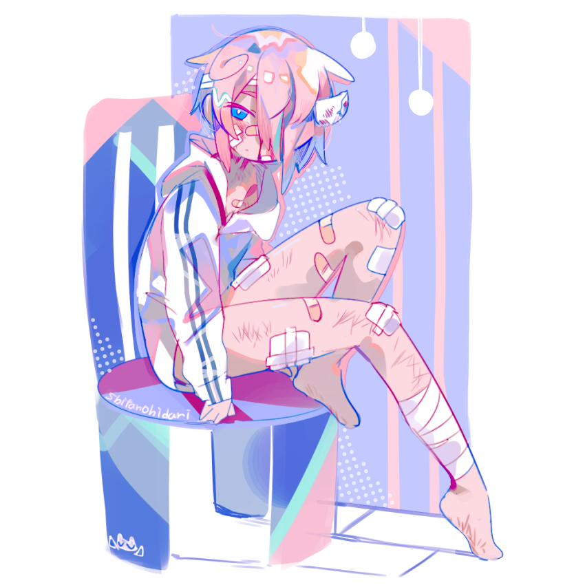 1boy absurdres bandaged_leg bandages bandaid bandaid_on_face bandaid_on_knee bandaid_on_leg bandaid_on_nose black_stripes blood blood_on_face blue_eyes bruise frown full_body guro hair_over_one_eye highres hood hood_down hoodie in_pain injury long_sleeves looking_at_viewer looking_to_the_side male_focus naked_hoodie original pain pale_skin pink_hair raito-kun_(uenomigi) scratches sitting solo solo_focus trap uenomigi white_hoodie wounds