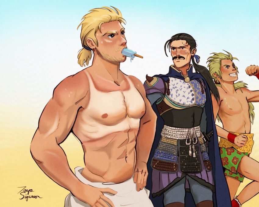 3boys beach black_hair blonde_hair cape cyan_garamonde earrings facial_hair final_fantasy final_fantasy_vi floral_print food food_in_mouth gau green_hair highres jewelry legband looking_at_another male_focus multiple_boys muscular muscular_male mustache nipples pec pectorals ponytail popsicle popsicle_in_mouth rope_belt sabin_rene_figaro sash sharp_teeth shorts shoulder_spikes smile spikes stubble summer summer_uniform sweat tan tanline tayasigerson teeth topless_male
