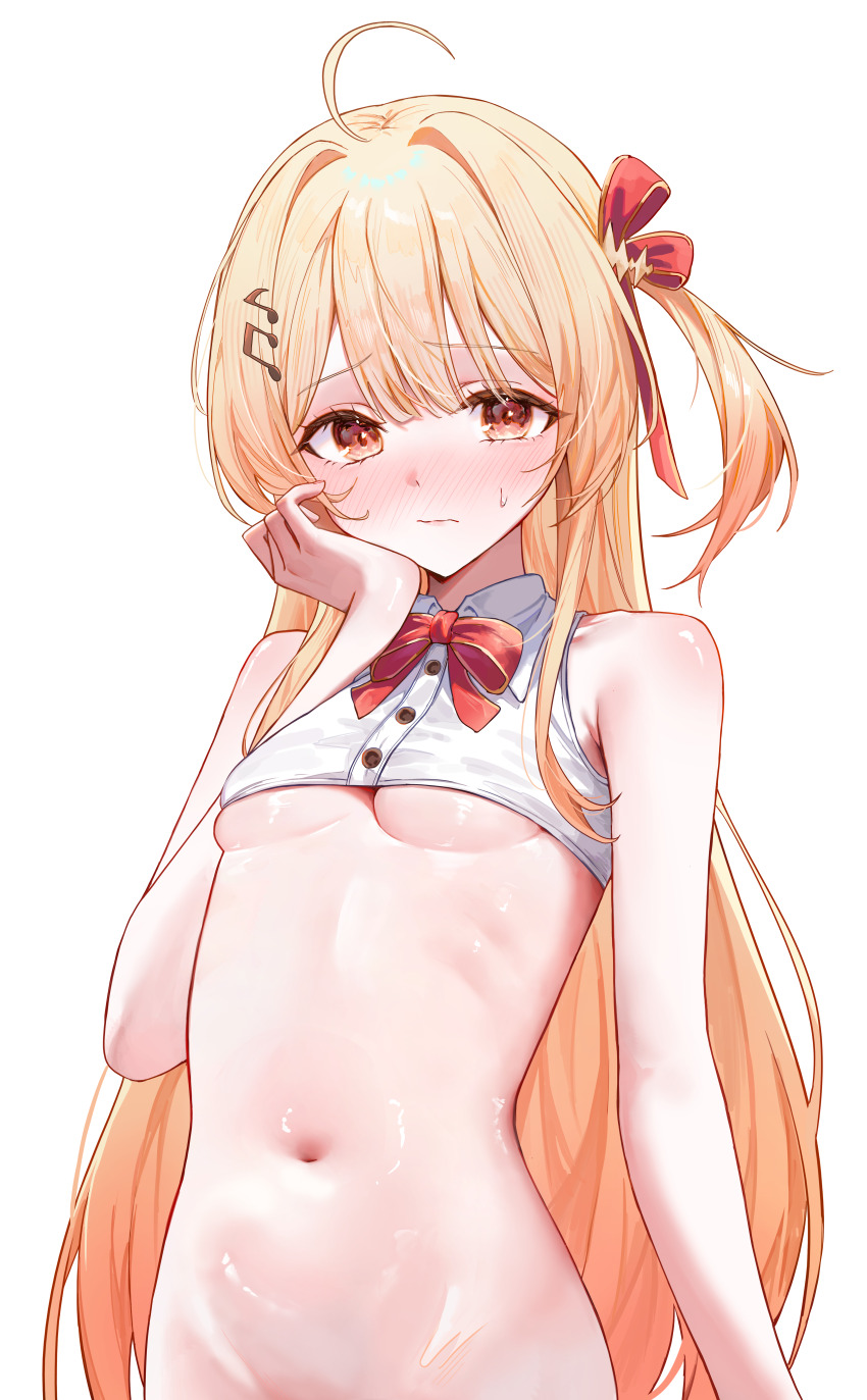 1girl absurdres ahoge blonde_hair breasts commentary fortissimo hair_ornament highres hololive kaze_22 korean_commentary long_hair musical_note musical_note_hair_ornament navel otonose_kanade small_breasts solo underboob virtual_youtuber white_background
