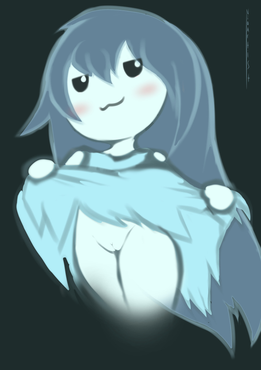 1girl absurdres black_eyes cleft_of_venus clothes_lift ghost highres loli nioartist pussy skirt skirt_lift spooky&#039;s_house_of_jump_scares spooky_(shojs)