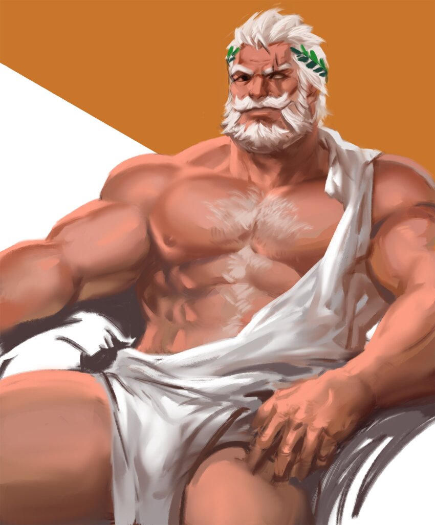 1boy abs alternate_costume ancient_greek_clothes bara bare_pectorals beard blind_eye bulge commentary dopey_(dopq) facial_hair feet_out_of_frame full_beard greco-roman_clothes greek_mythology highres king large_pectorals laurel_crown looking_at_viewer male_focus mature_male muscular muscular_male mustache navel_hair nipples old old_man overwatch overwatch_2 pectorals pelvic_curtain reinhardt_(overwatch) revealing_clothes scar scar_across_eye scar_on_face short_hair sitting solo sparse_chest_hair symbol-only_commentary thick_beard thick_eyebrows thick_mustache two-tone_background white_hair zeus_(mythology)