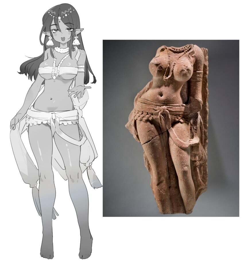 1girl armband barefoot breasts commentary_request crop_top dark-skinned_female dark_skin full_body greyscale hand_up head_chain highres indian_clothes jamama jewelry large_breasts long_hair looking_at_viewer meme monochrome navel necklace original outstretched_hand pearl_necklace photo-referenced pointy_ears reference_inset simple_background solo thighs yakshi_statue_(meme)