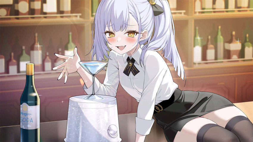 1girl alcohol arm_support artist_request azur_lane bar_(place) bartender belt black_belt black_bow black_skirt black_thighhighs blurry blurry_background blush bottle bow breasts cocktail cocktail_glass collared_shirt counter cup dress_shirt drink drinking_glass fang grey_hair hair_bow hair_ornament hair_ribbon hand_up highres indoors long_hair long_sleeves looking_at_viewer miniskirt non-web_source oceana_(azur_lane) official_art open_mouth pencil_skirt ribbon shirt shirt_tucked_in side_ponytail siren_(azur_lane) sitting skin_fang skindentation skirt sleeves_rolled_up small_breasts smile smug solo sparkle table thighhighs thighs white_shirt wine_bottle yellow_eyes zettai_ryouiki