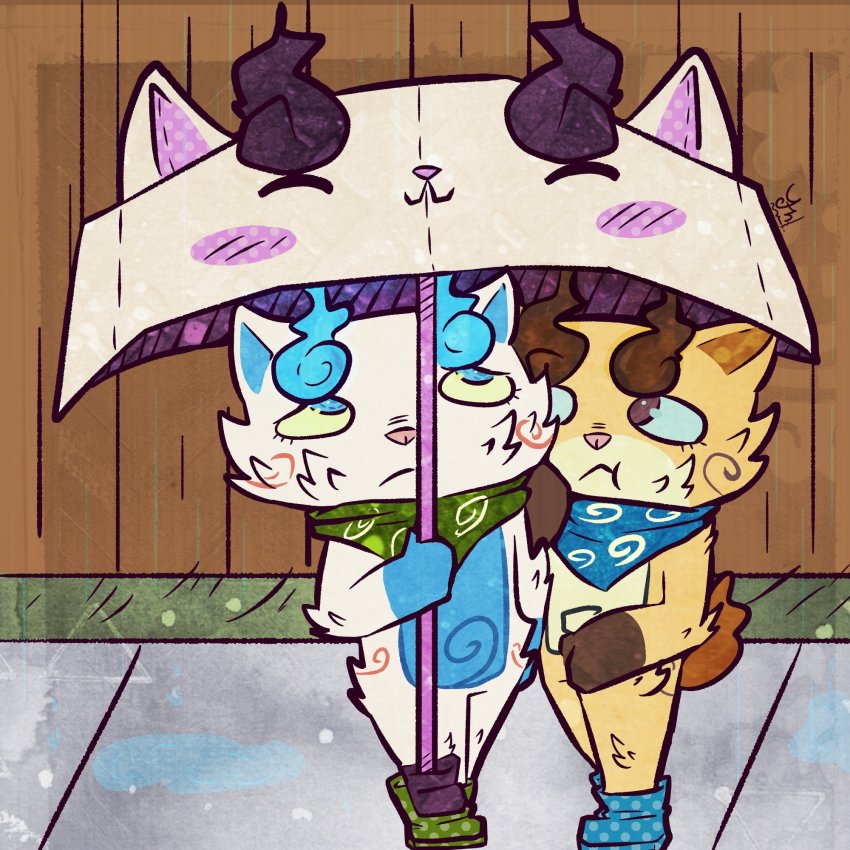2boys blue_eyes brothers highres komajirou komakaachan komasan multiple_boys rain scarf siblings umbrella youkai_watch