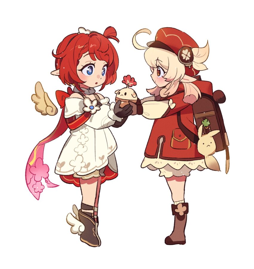 2girls :o ahoge backpack bag bag_charm black_gloves blonde_hair bloomers blue_eyes blush bomb boots bow braid braided_bangs brown_bag brown_boots brown_gloves newsboy_cap charm_(object) closed_mouth clover_print coat commentary_request cross-shaped_pupils detached_collar detached_sleeves dodo_t dodoco_(genshin_impact) dress explosive eyelashes feathered_wings genshin_impact gloves hair_between_eyes hat hat_feather highres holding holding_bomb honkai:_star_rail honkai_(series) jumpy_dumpty klee_(genshin_impact) korean_commentary long_hair long_sleeves looking_at_another low_twintails mihoyo multiple_girls open_mouth outstretched_arms pointy_ears profile randoseru red_bow red_coat red_eyes red_hair red_hat short_hair sidelocks simple_background single_braid smile standing symbol-shaped_pupils topknot tribbie_(honkai:_star_rail) twintails underwear white_background white_bloomers white_bow white_dress white_sleeves winged_boots wings