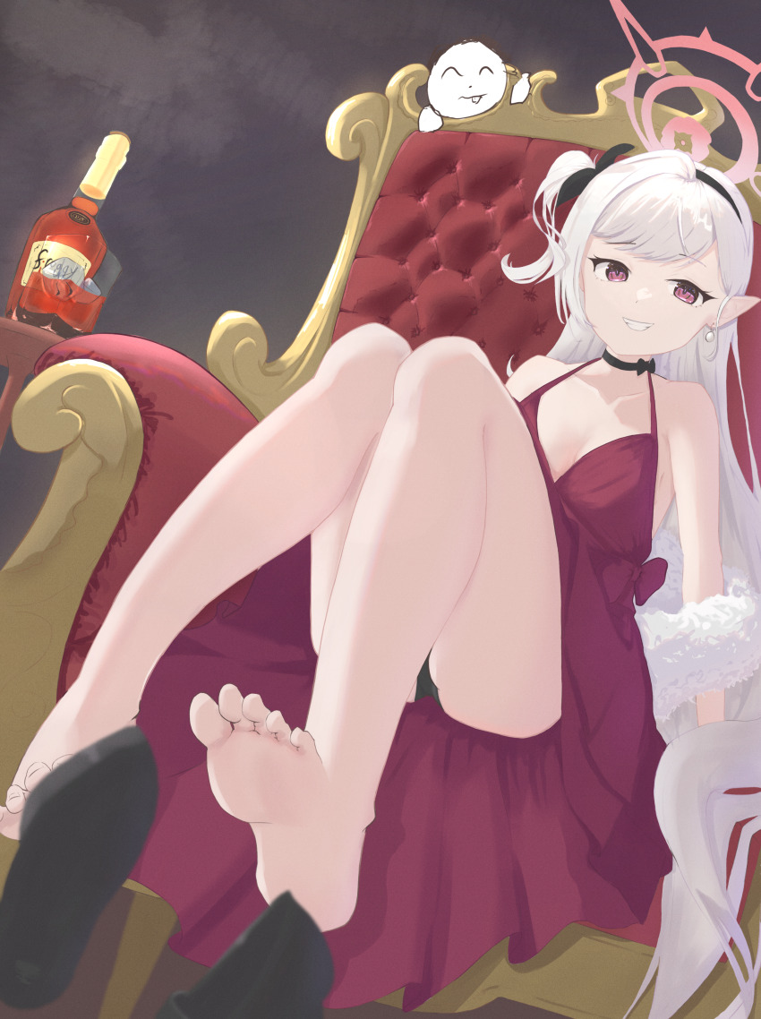 1girl 1other :d ^_^ absurdres arms_at_sides bare_legs bare_shoulders barefoot black_bow black_bowtie black_choker black_hairband black_panties blue_archive bottle bow bowtie breasts chinese_commentary choker closed_eyes collarbone commentary_request dress dress_bow dutch_angle earrings eyelashes feet foot_focus foreshortening formal_clothes froggy_(froggy_163) from_below full_body fur_shawl hairband halo halterneck highres ice ice_cube jewelry knees_together_feet_apart long_hair looking_at_viewer mutsuki_(blue_archive) mutsuki_(dress)_(blue_archive) naughty_face official_alternate_costume official_alternate_hairstyle one_side_up open_mouth panties pink_halo pointy_ears purple_eyes red_bow red_dress sensei_(blue_archive) shawl shoes single_hair_intake sitting sitting_on_throne sleeveless sleeveless_dress slit_pupils small_breasts smile soles solo_focus swept_bangs thighs throne toes underwear unworn_shoes very_long_hair white_hair wine_bottle