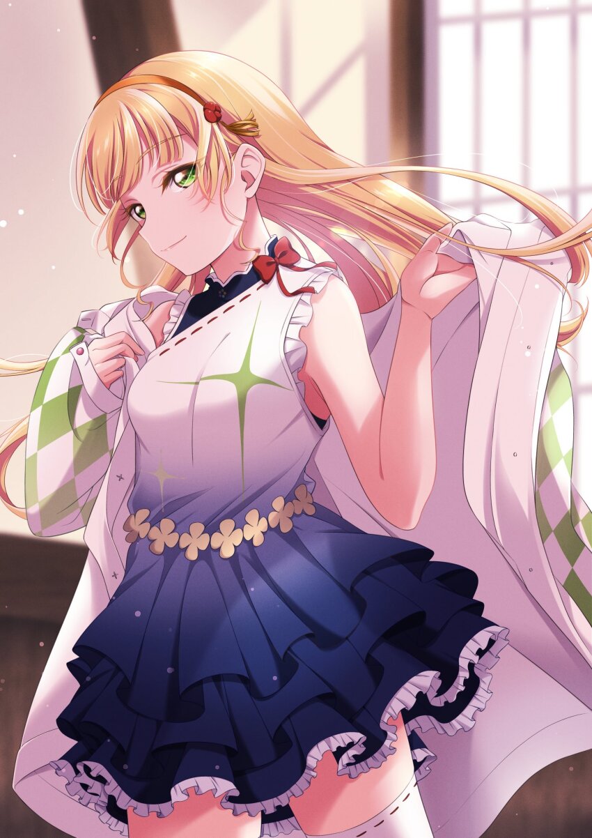 1girl blonde_hair blue_dress bow breasts closed_mouth dress frilled_dress frills gradient_clothes gradient_dress green_eyes hairband hajimari_wa_kimi_no_sora heanna_sumire highres indoors jacket layered_dress long_hair looking_at_viewer love_live! love_live!_superstar!! medium_breasts nico_ron_nico open_clothes open_jacket orange_hairband red_bow sleeveless sleeveless_dress solo thighhighs upper_body white_dress white_jacket white_thighhighs