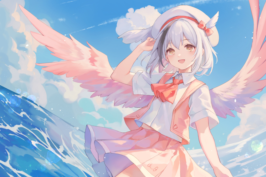 1girl akinomiya_asuka ascot bird_girl bird_wings black_hair blue_sky bow brown_eyes collared_shirt commentary_request cowboy_shot day feathered_wings flat_chest hat hat_bow hat_feather hollow_song_of_birds multicolored_hair ocean open_clothes open_mouth open_vest original outdoors pink_skirt pink_vest pink_wings pleated_skirt red_ascot red_bow shirt short_hair short_sleeves skirt sky smile solo streaked_hair torisumi_horou touhou vest white_hair white_hat white_shirt wings