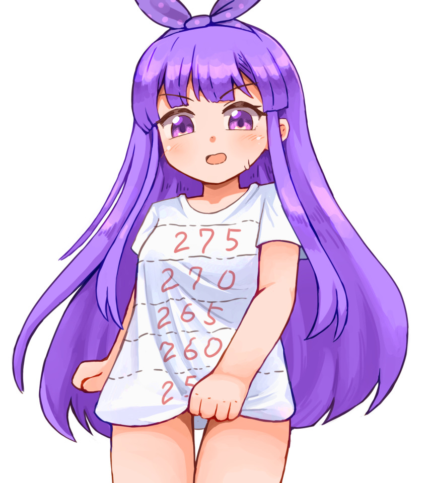 1girl character_request commentary_request eyelashes hairband hidemushi highres long_hair maplestory open_mouth print_shirt purple_eyes purple_hair purple_hairband shirt solo standing sweat very_long_hair white_shirt