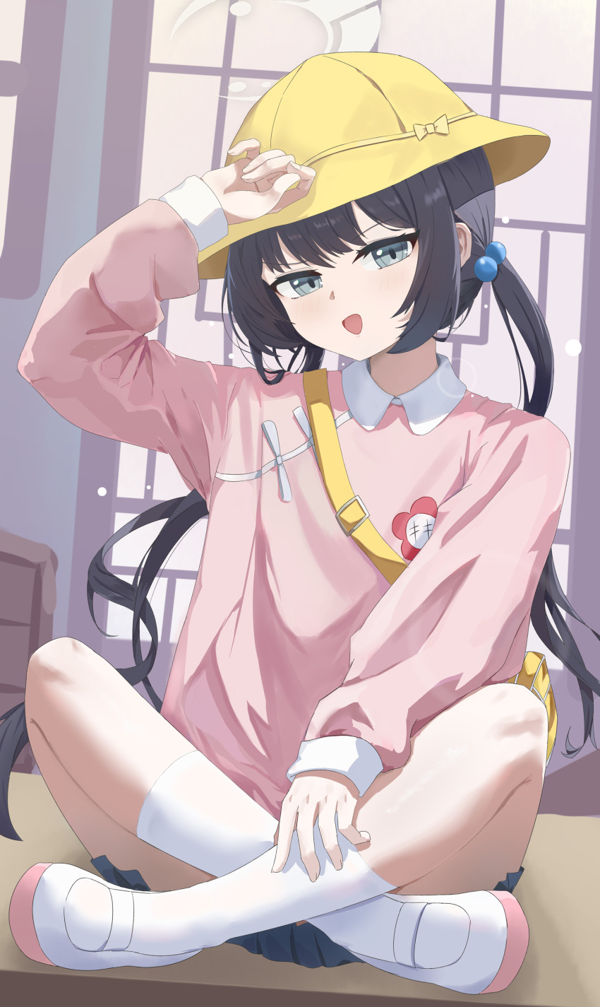 1girl absurdres black_hair black_skirt blue_archive commentary_request grey_eyes hair_bobbles hair_ornament halo hat highres indian_style kindergarten_uniform kisaki_(blue_archive) kisaki_(kindergarten_uniform)_(blue_archive) long_hair mixian official_alternate_costume pink_shirt pleated_skirt school_hat shirt sitting skirt smile socks solo twintails white_footwear white_socks yellow_bag yellow_hat