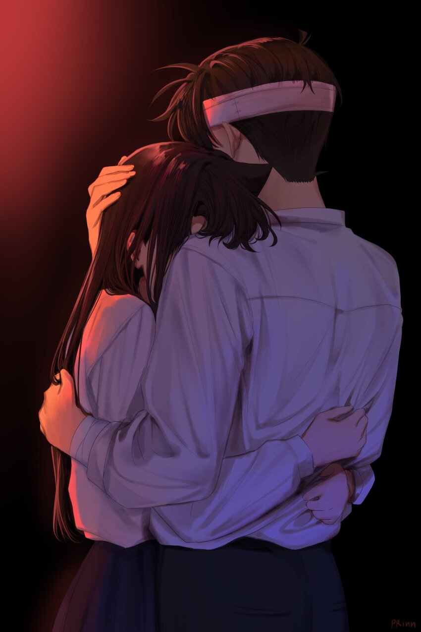 1boy 1girl absurdres arms_around_waist artist_name bandaged_arm bandaged_head bandages brown_hair couple dress_shirt from_behind gripping_clothes hand_on_another&#039;s_back hand_on_another&#039;s_head hetero highres hug kudou_shin&#039;ichi long_hair long_sleeves meitantei_conan mouri_ran pleated_skirt ppxp53 shirt short_hair skirt