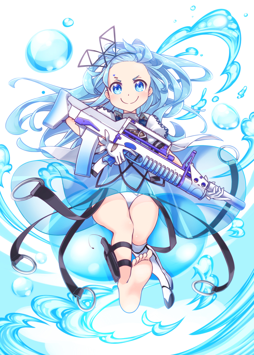 &gt;:) 1girl ads_(girls&#039;_frontline) ads_amphibious_rifle assault_rifle barefoot blue_dress blue_eyes blue_hair boots bullpup caseless_firearm closed_mouth commentary_request dress dual-medium_assault_rifle forehead full_body girls&#039;_frontline gloves grenade_launcher gun harada_(sansei_rain) highres holding holding_gun holding_weapon kbp_instrument_design_bureau knee_boots knife long_gun long_hair looking_at_viewer multiple-barrel_gun name_connection object_namesake one-piece_swimsuit puffy_short_sleeves puffy_sleeves rifle see-through_clothes short_sleeves simple_background single_knee_boot smile soles solo suppressor swimsuit tskib_soo underbarrel_grenade_launcher underwater_firearm v-shaped_eyebrows very_long_hair water weapon white_background white_boots white_gloves white_one-piece_swimsuit