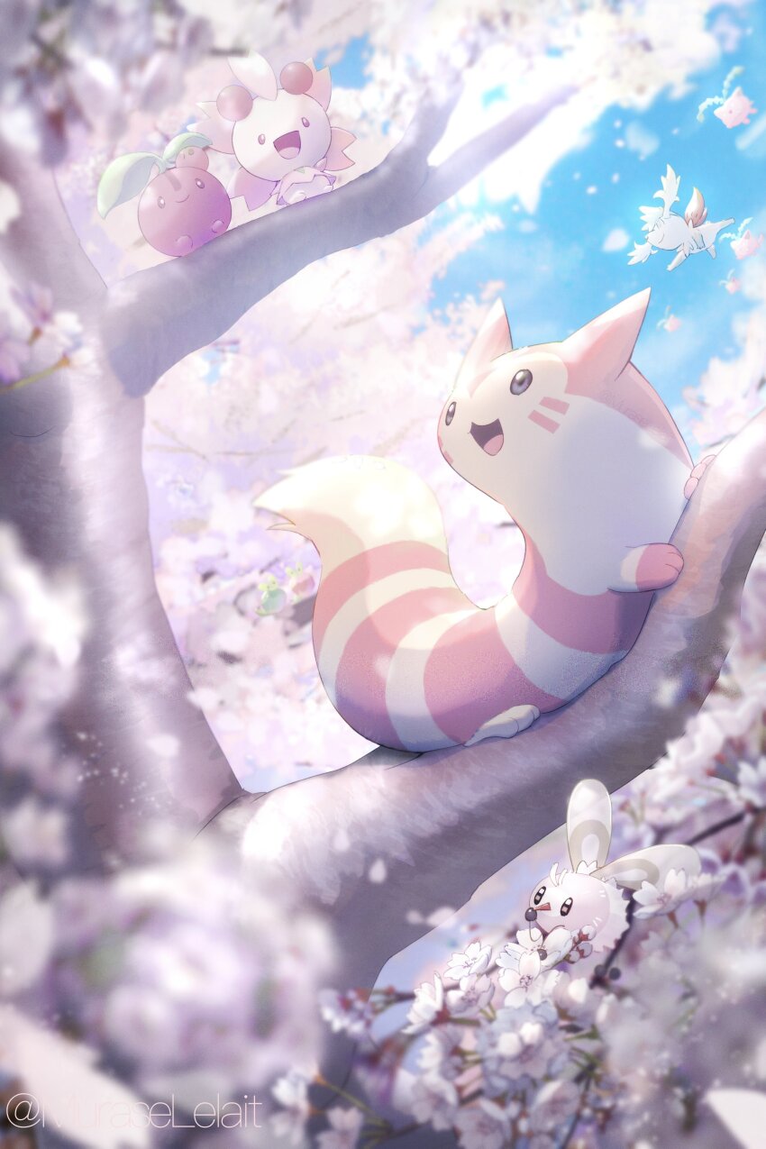 absurdres alternate_color applin cherrim cherrim_(sunshine) cherry_blossoms cherubi commentary_request cutiefly furret gen_2_pokemon gen_4_pokemon gen_7_pokemon gen_8_pokemon highres hoppip legendary_pokemon murase_(muraselelait) mythical_pokemon nintendo no_humans open_mouth petals pink_theme pokemon pokemon_(creature) shaymin shaymin_(sky) shiny_pokemon smile tree twitter_username
