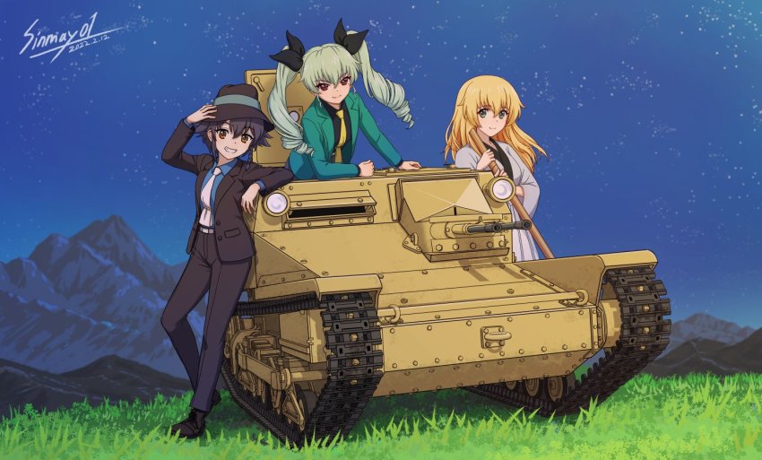 3girls anchovy_(girls_und_panzer) arsene_lupin_iii arsene_lupin_iii_(cosplay) black_footwear black_hair black_jacket black_pants black_ribbon black_shirt blonde_hair braid brown_eyes carpaccio_(girls_und_panzer) carro_veloce_cv-33 commentary_request commission cosplay dated drill_hair girls_und_panzer grass green_eyes green_hair green_jacket hair_ribbon hat holding holding_sword holding_weapon ishikawa_goemon_xiii ishikawa_goemon_xiii_(cosplay) jacket japanese_clothes jigen_daisuke jigen_daisuke_(cosplay) katana long_hair looking_at_viewer lupin_iii military military_vehicle motor_vehicle multiple_girls necktie night pants pepperoni_(girls_und_panzer) pink_necktie red_eyes ribbon sheath sheathed shinmai_(kyata) shirt short_hair side_braid signature skeb_commission smile sword tank twin_drills twintails vehicle_focus weapon yellow_necktie