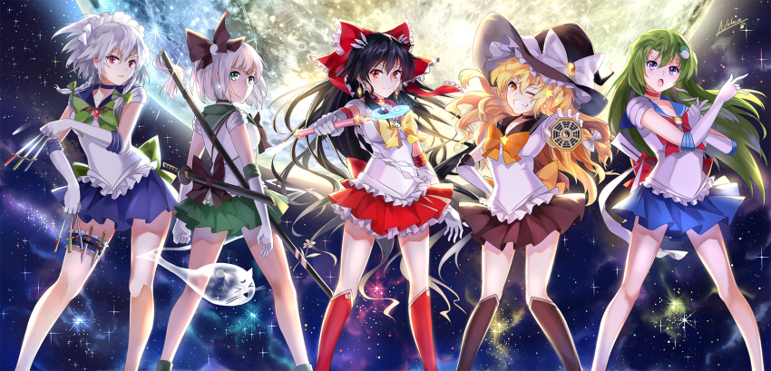 5girls bishoujo_senshi_sailor_moon bishoujo_senshi_sailor_moon_crystal black_hair blonde_hair boots bow braid breasts choker commentary cosplay earrings elbow_gloves frilled_thigh_strap frog_hair_ornament full_moon gloves green_eyes green_hair hair_bow hair_ornament hair_tubes hairband hakurei_reimu hat highres hitodama izayoi_sakuya jewelry katana kirisame_marisa knife kochiya_sanae konpaku_youmu konpaku_youmu_(ghost) long_hair looking_at_viewer magical_girl maid_headdress medium_breasts mini-hakkero moon multiple_girls neko_(yanshoujie) one_eye_closed open_mouth purple_eyes red_eyes sailor_senshi sailor_senshi_(cosplay) short_hair silver_hair skirt small_breasts smile snake_hair_ornament sword thigh_strap touhou tsuki_ni_kawatte_oshioki_yo twin_braids unofficial_sailor_senshi_uniform weapon white_gloves witch_hat yellow_eyes